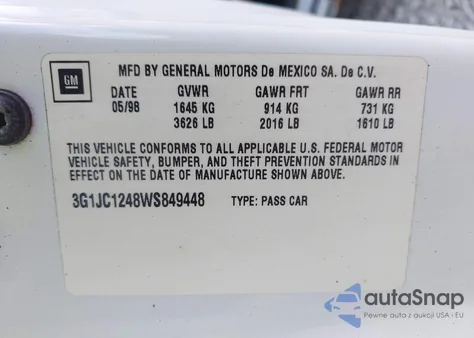 1998 Chevrolet Cavalier Rs from USA, damaged, VIN 3G1JC1248WS849448